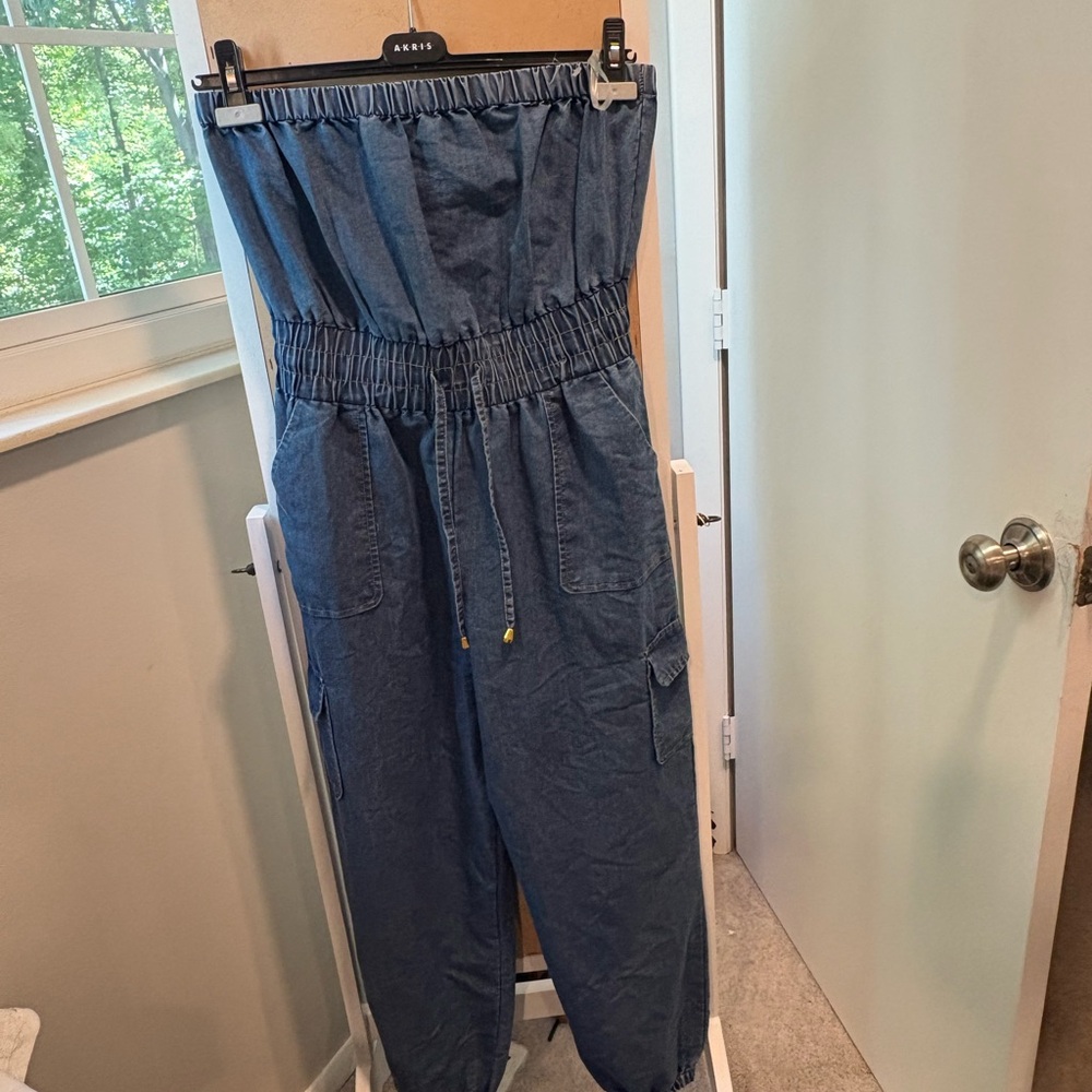 Denim Strapless Jumpsuit - Blue